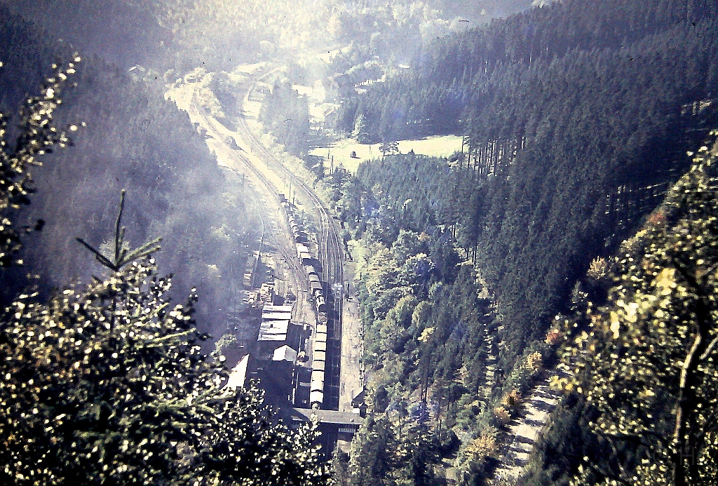 Bhf_Oberhof_1964(2).JPG - Der Bahnhof Oberhof im Jahr 1964 von oben betrachtet. Interresant ist an den Güterzug das die Güterwagen alles zweiachser sind.