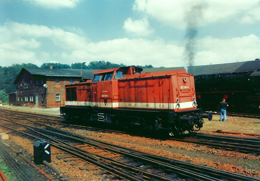 112.591_Rochlitz.08.JPG - Am 10. Juli 1994 ist 202 727 beim rangieren am Bw. Dahinter auf der Drehscheibe ist 52 8154 zu sehen.