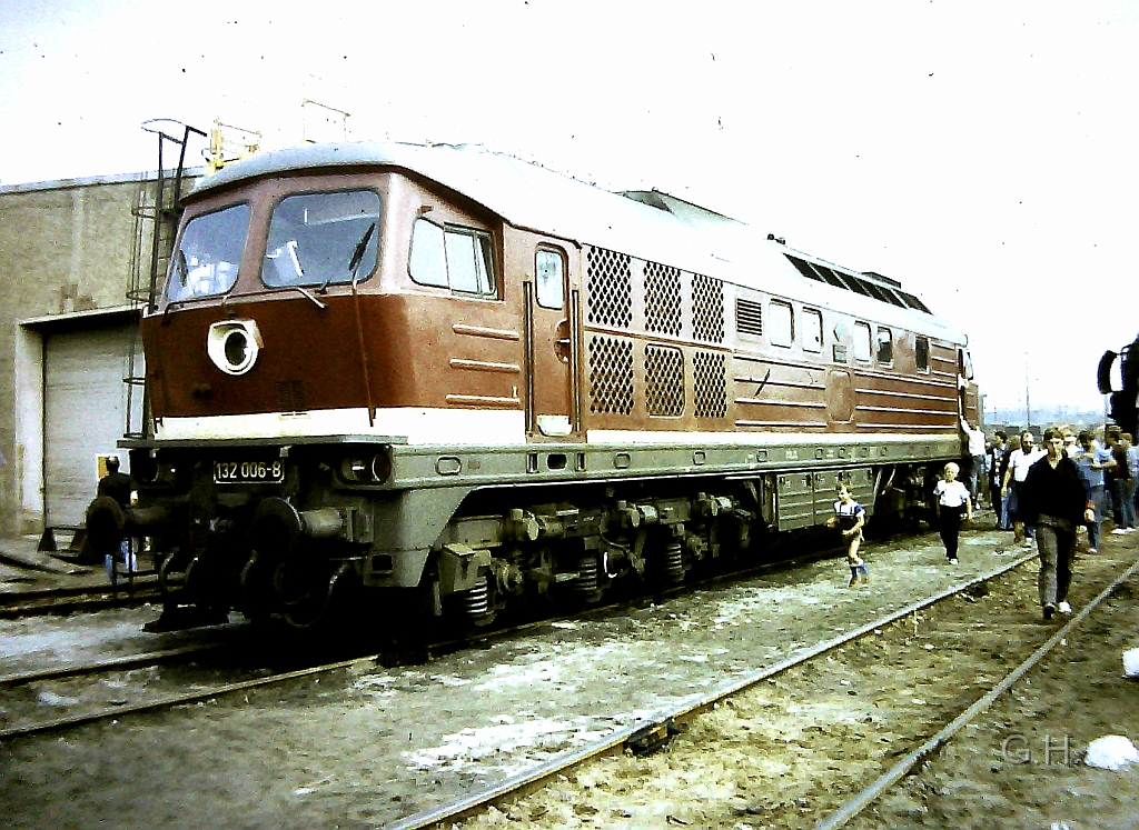 132_006_Gbh-Halle_1989_02(2).JPG - Im Jahre 1989 gab es auf den Güterbahnhof Halle zu seinen 100. Jährigen bestehen eine große Fahzeugschau. Hier zu sehen ist die 132 006. Als Gleise für die Ausstellung wurden die links neben den Güterabfertigungsgebäude (Stückgut) liegenden Ladegleise genutzt.