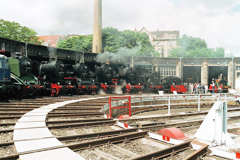 BwP_schuppen.05.07.08-008.jpg - Die Lokparade vor den Schuppen des DB Museum in Halle / Saale. Von rechts beginnend ist zu sehen die Saxonia, Kö 5142, 89 1004, 52 9900, 52 8154, 35 1097, 52 8197, 18 201 und die E 18 043.